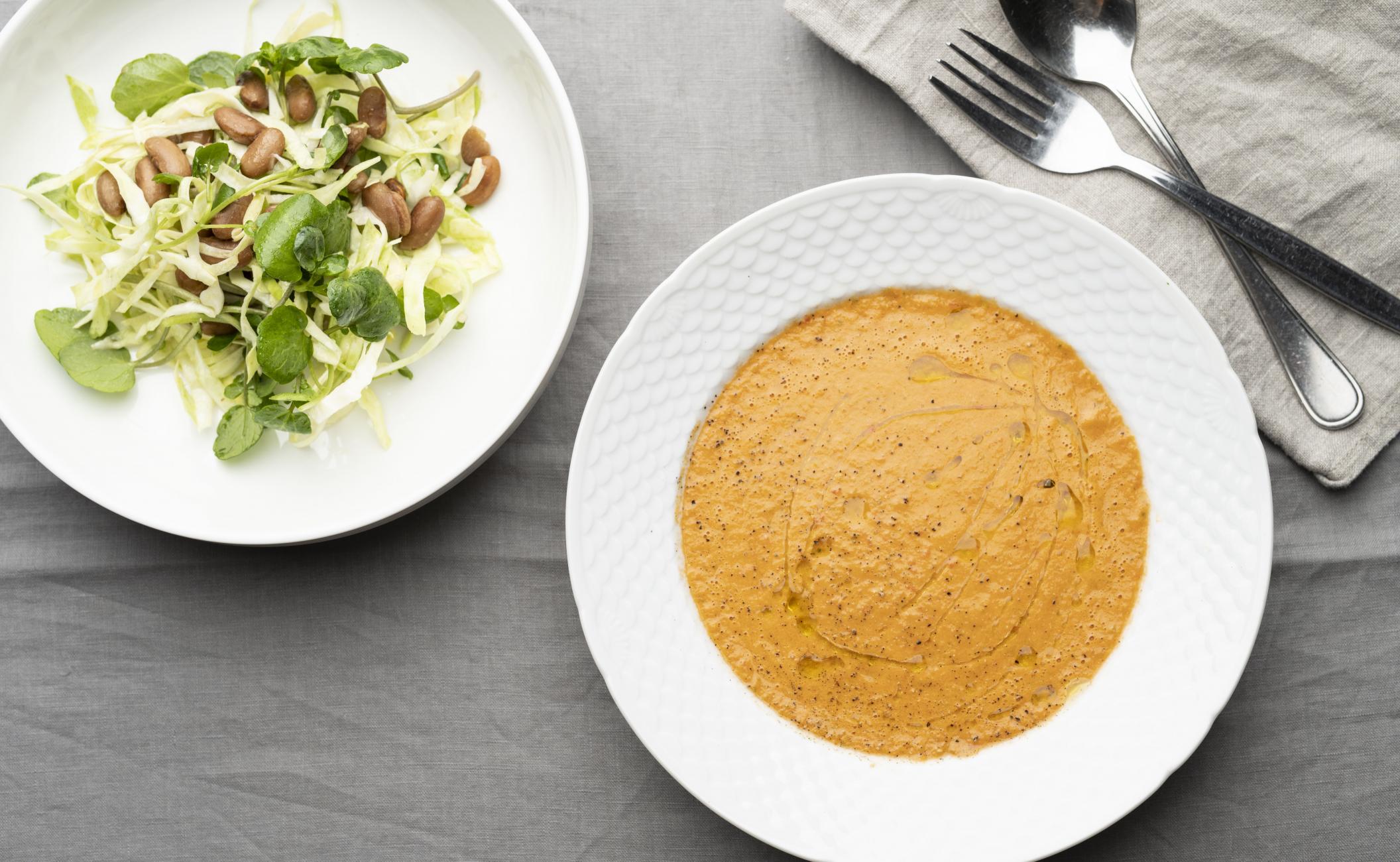 Gazpacho med pintobønner, spidskål og brøndkarse