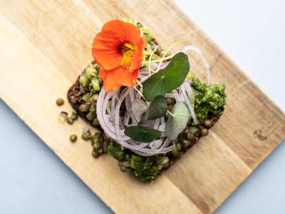 Linsesalat med grønne linser, persillepesto og rødløg