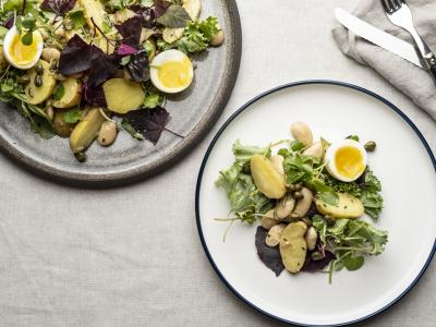 Nye kartofler med butter beans, blødkogt æg og sennepsvinaigrette