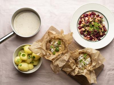 Fisketerrine af sej med knoldselleri og kapers, serveret med peberrodssauce og æble-rødbedesalat